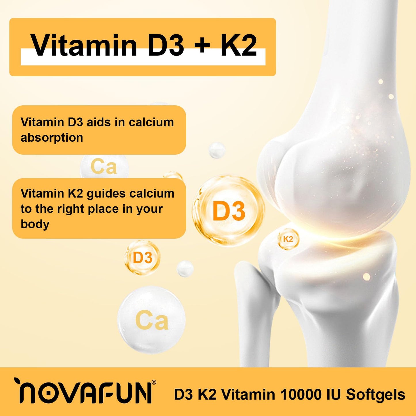 Noavfun Vitamin D3 K2 10000 IU Supplement with Coconut Oil, 90 Softgels - High Potency VIT D3 250mcg & K2 MK7 200mcg - Supports Bone, Teeth & Calcium Absorption