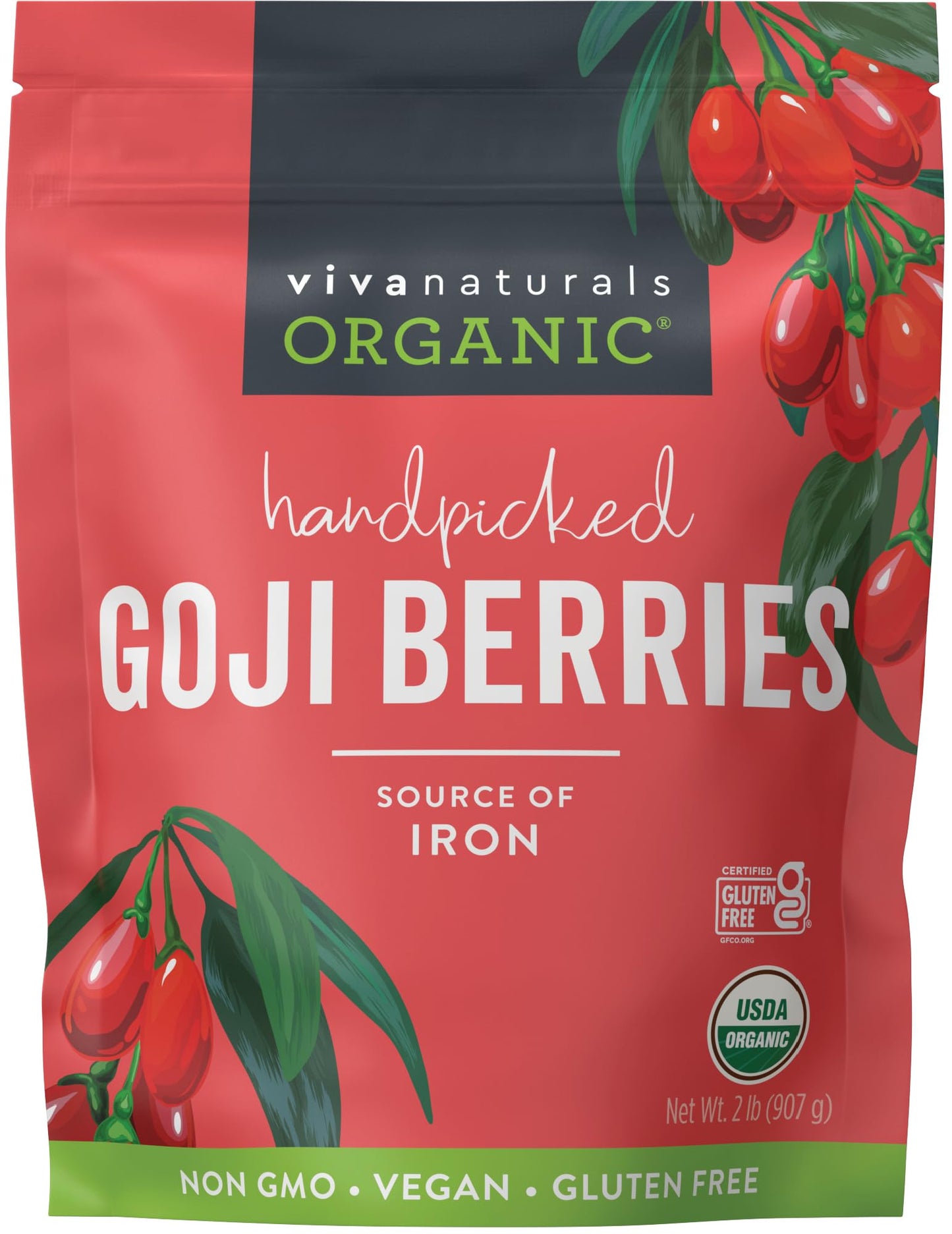 Viva Naturals Organic Dried Goji Berries, 1 lb (454 g) – Non-GMO, Vegan Wolfberries, Perfect for Goji Berry Tea, Smoothies, Baking & Snacking