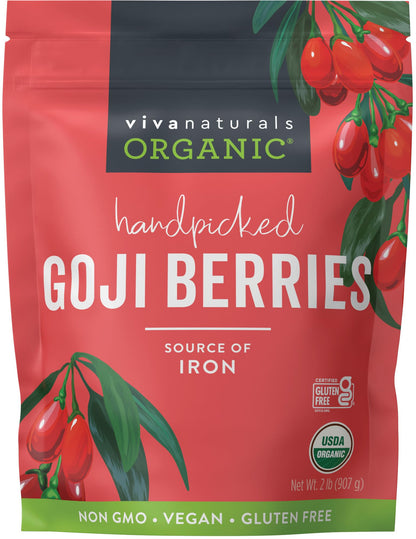 Viva Naturals Organic Dried Goji Berries, 1 lb (454 g) – Non-GMO, Vegan Wolfberries, Perfect for Goji Berry Tea, Smoothies, Baking & Snacking