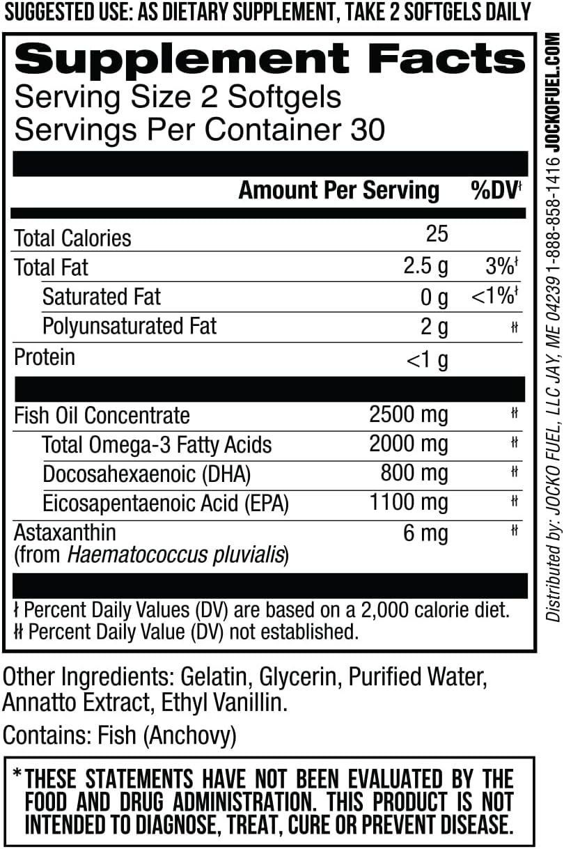 Jocko Fuel Omega 3 Fish Oil Supplement 2000mg - Burpless Fatty Acid Supplement, Wild Caught, Powerful Antioxidant with Astaxanthin (60 Capsules)