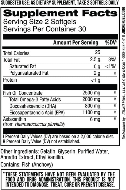 Jocko Fuel Omega 3 Fish Oil Supplement 2000mg - Burpless Fatty Acid Supplement, Wild Caught, Powerful Antioxidant with Astaxanthin (60 Capsules)