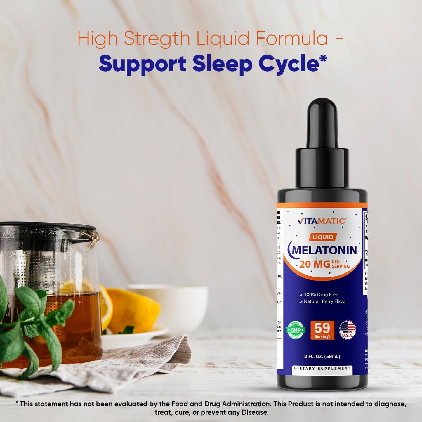 Vitamatic Liquid Melatonin 20 mg, 2 fl oz (59 mL) - 2 Pack | Sleep Support*, Natural Berry Flavor, Non GMO, Gluten Free, Made in USA
