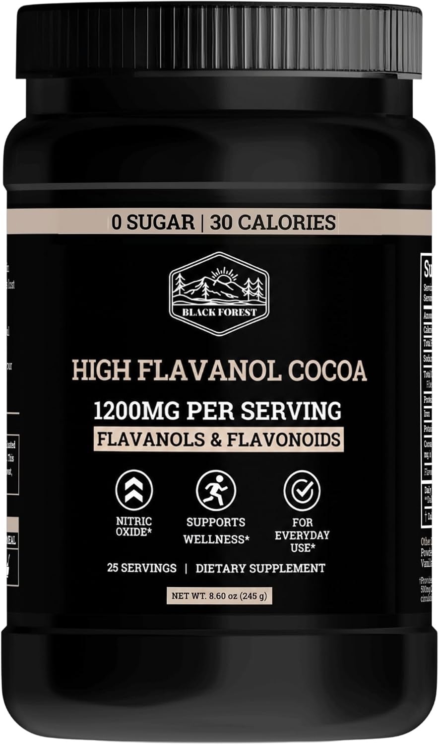 Black Forest High Flavanol Cocoa Powder - 1200mg Flavanols & Flavonoids with 600mg Epicatechin - 10X Concentrated Dark Cocoa Extract for Nitric Oxide and Wellness Support - Non-GMO Vegan
