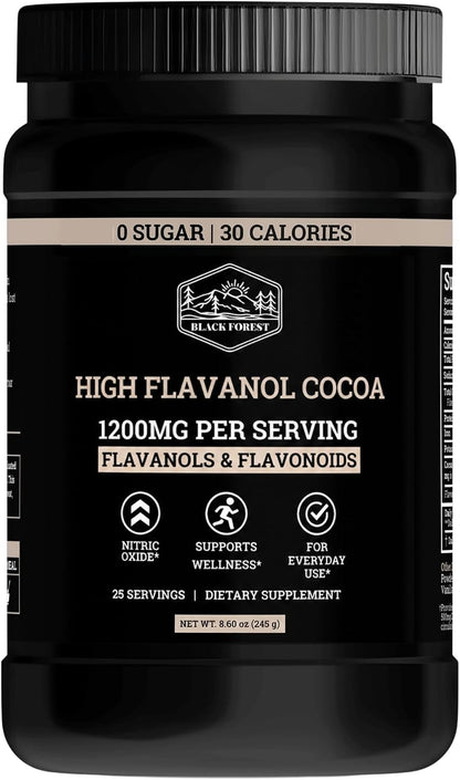 Black Forest High Flavanol Cocoa Powder - 1200mg Flavanols & Flavonoids with 600mg Epicatechin - 10X Concentrated Dark Cocoa Extract for Nitric Oxide and Wellness Support - Non-GMO Vegan