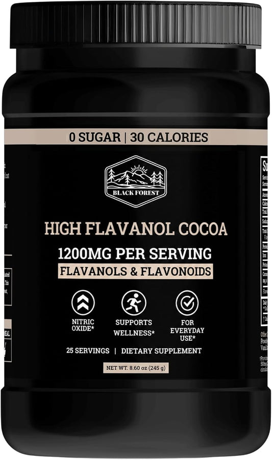 Black Forest High Flavanol Cocoa Powder - 1200mg Flavanols & Flavonoids with 600mg Epicatechin - 10X Concentrated Dark Cocoa Extract for Nitric Oxide and Wellness Support - Non-GMO Vegan