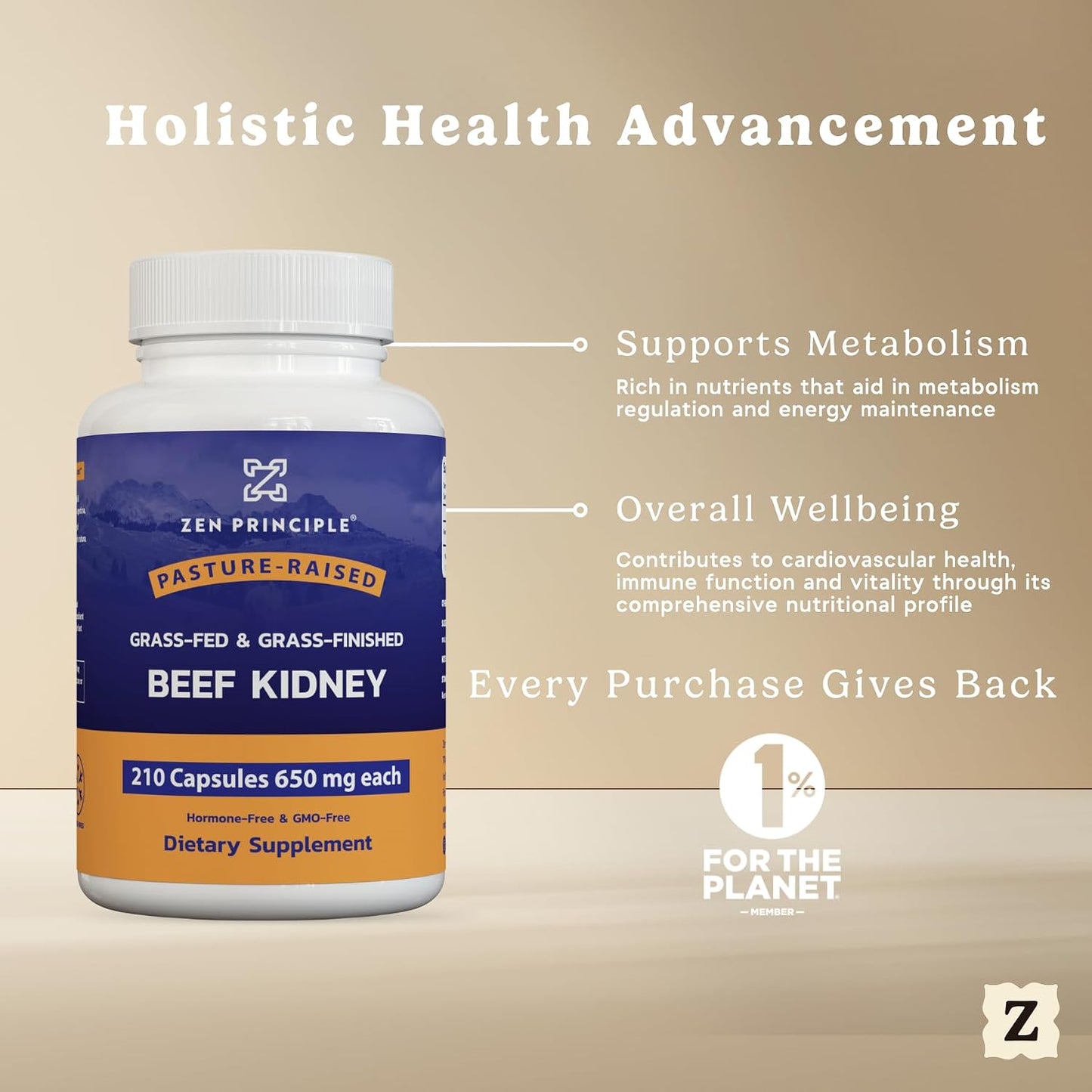 Zen Principle Grass Fed Beef Kidney Supplement, 210 Capsules, 3000 mg. DAO Enzyme for Histamine Health. Selenium and B12 for Thyroid Support.