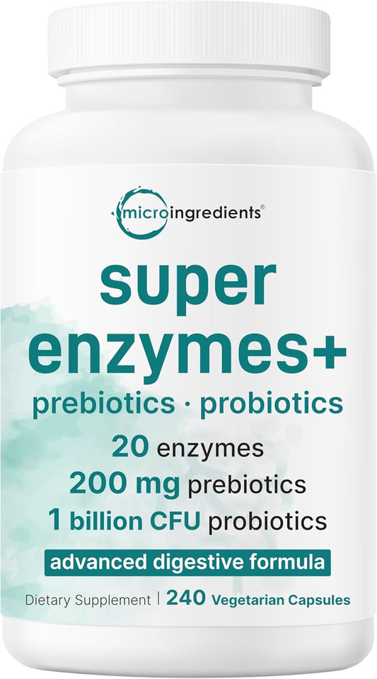 Micro Ingredients Super Enzymes with Prebiotics & Probiotics, 240 Veggie Capsules | Digestive Enzymes for Women & Men | Probiotic, Bromelain, Psyllium Husk & More | Immune & Gut Health Support*