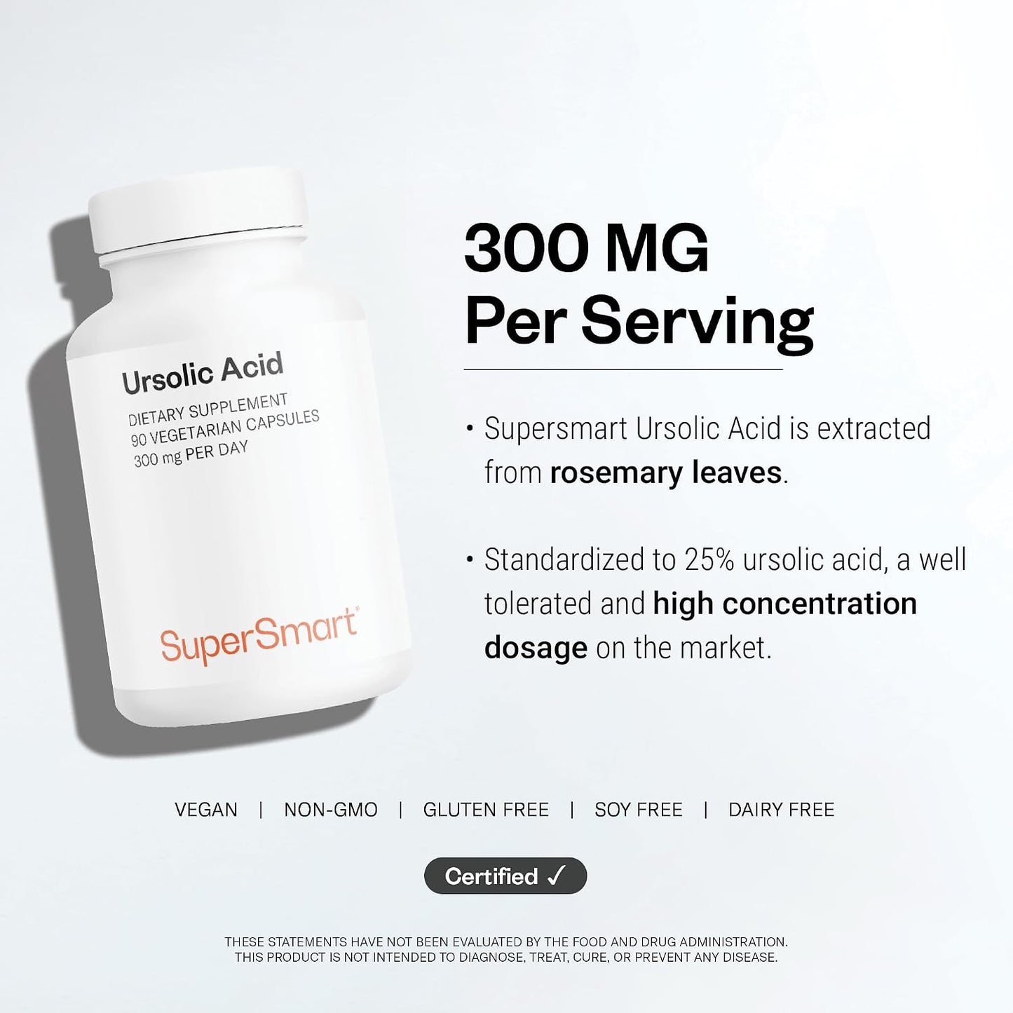 Supersmart - Ursolic Acid 300mg per Day (Well-Tolerated) - Rosemary Leaf Extract Supplement | Non-GMO & Gluten Free - 90 Vegetarian Capsules