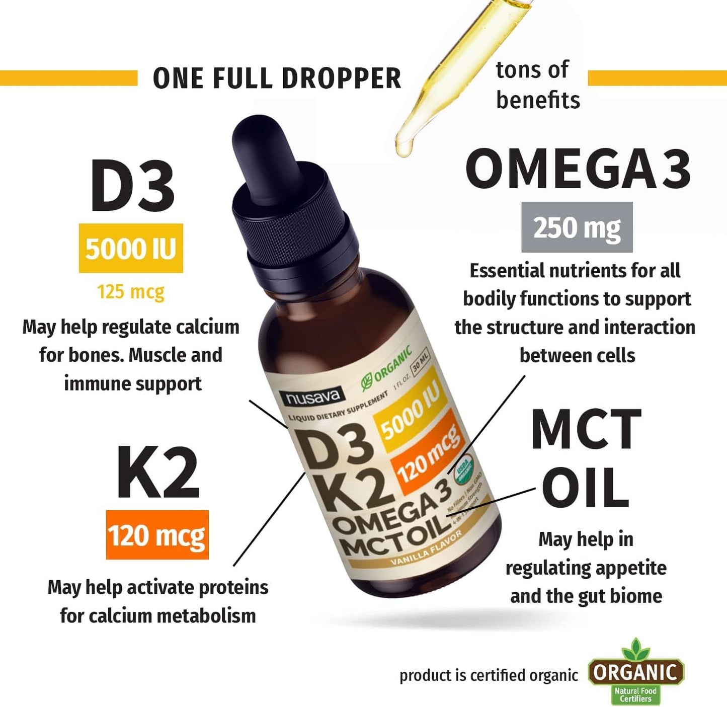 NUSAVA Strawberry Flavored D3 K2 Liquid Drops and Vanilla Flavored D3 K2 Liquid Drops Bundle - Potent Liquid Vitamins for Heart, Joint, Bone, Muscle, & Immune Support - Non-GMO, Gluten-Free, 2pk Each