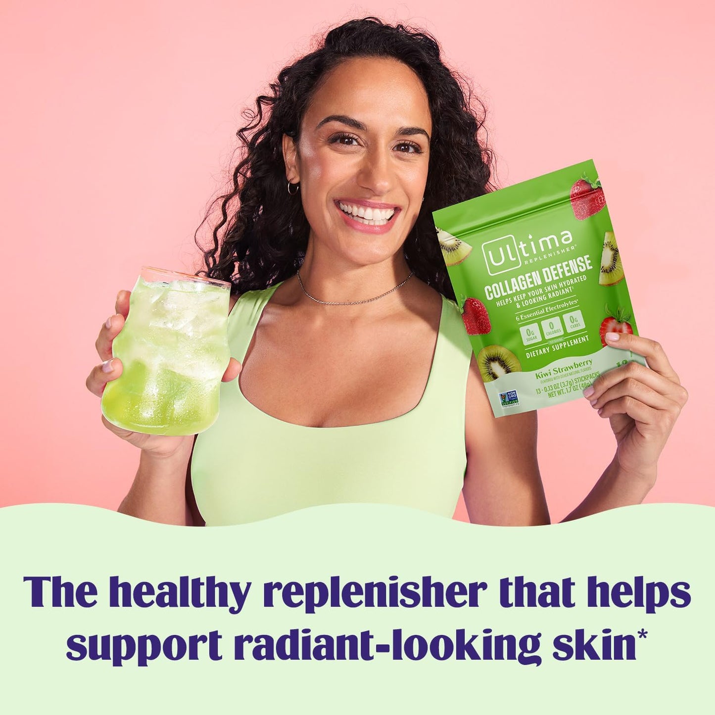 Ultima Replenisher Collagen Defense, Kiwi Strawberry, 13 Stickpacks | Daily Zero Sugar Supplement & Electrolyte Powder Hydration Packets with 6 Key Electrolytes, Dermaval & Biotin for Skin Health