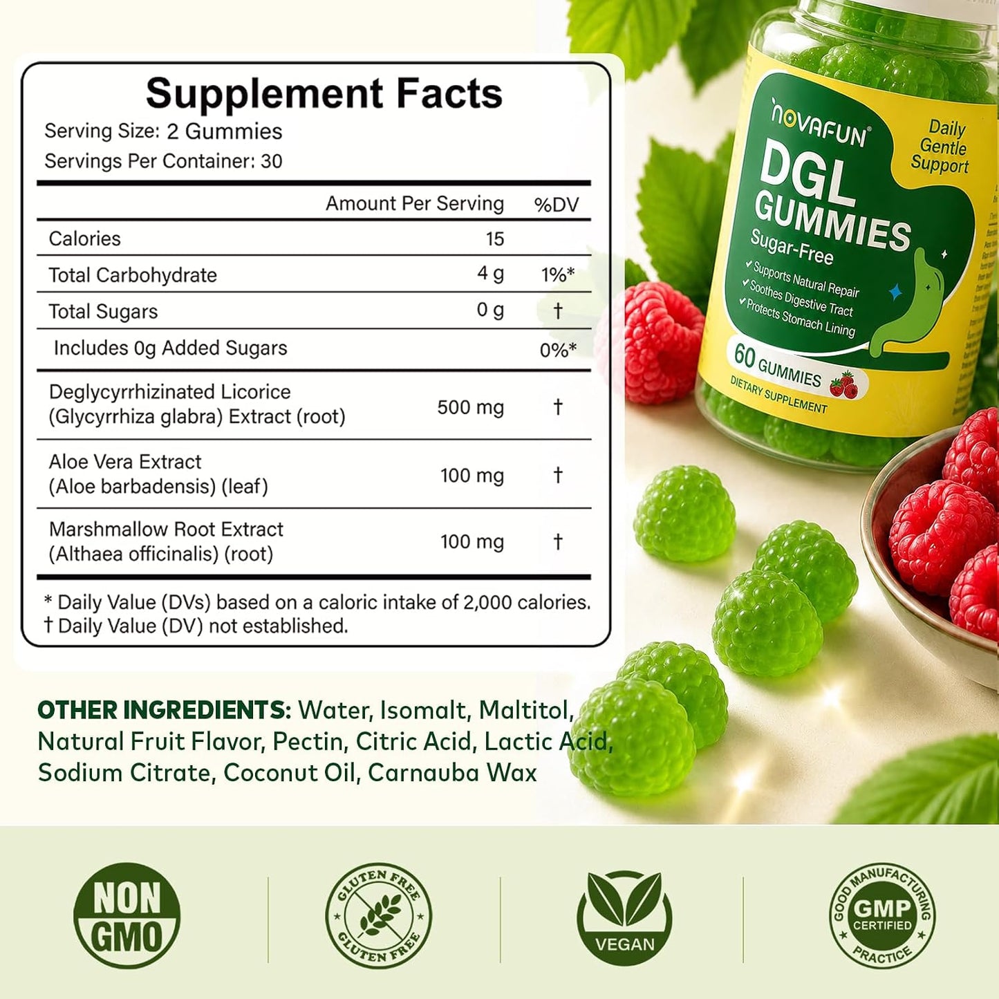 DGL Gummies - Deglycyrrhizinated Licorice Supplement for Stomach Relief & Digestive Comfort - with Aloe Vera & Marshmallow Root - Sugar Free, 60 Chewable Gummies