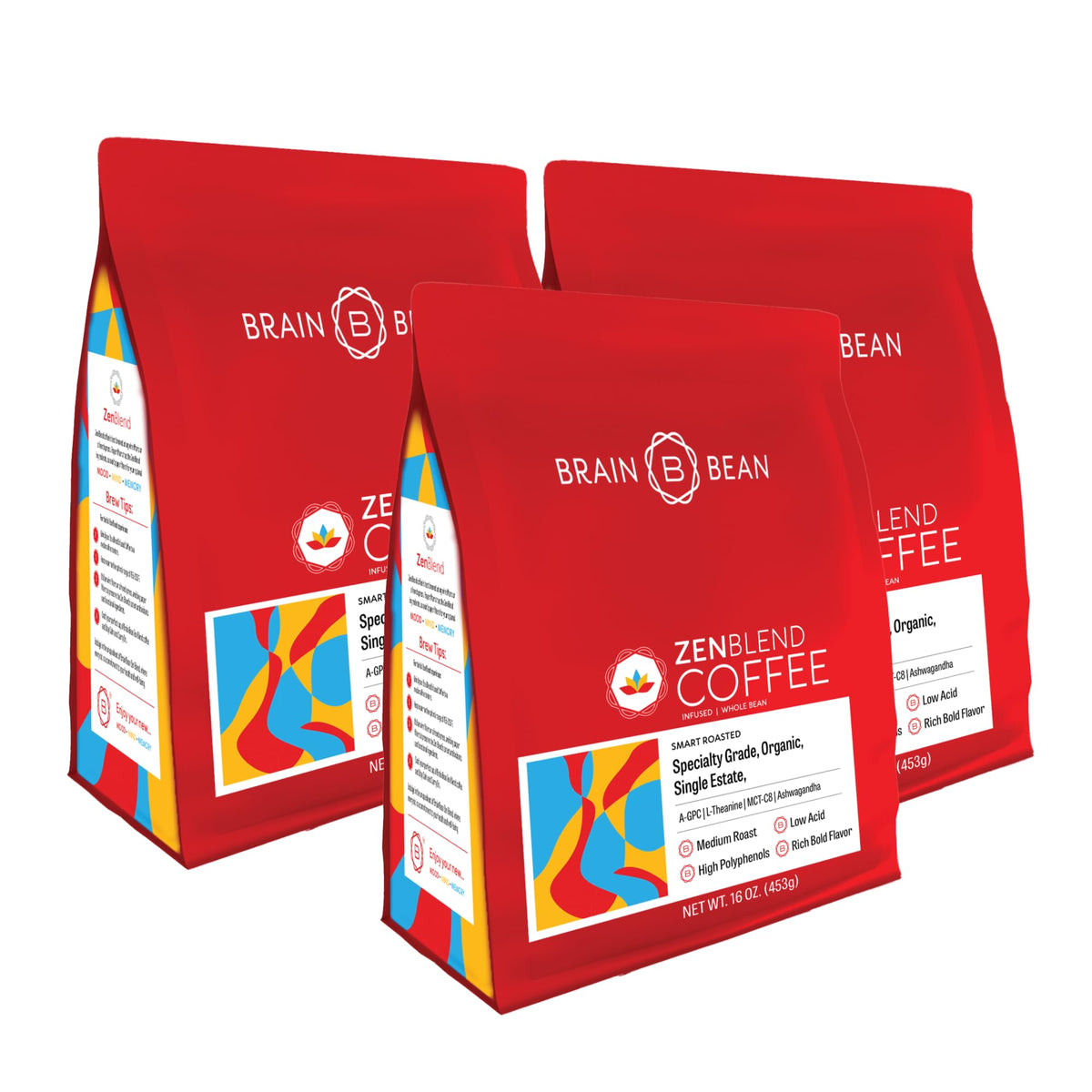 Brain Bean Zen-Blend Organic Coffee Whole Bean with Caprylic Acid MCT (C-8), A-GPC, L-Theanine & Ashwagandha Extract - Premium Grade Organic Coffee Beans for Focus & Calm Support (16 Oz)