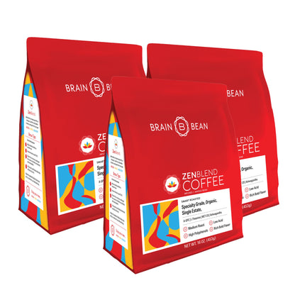 Brain Bean Zen-Blend Organic Coffee Whole Bean with Caprylic Acid MCT (C-8), A-GPC, L-Theanine & Ashwagandha Extract - Premium Grade Organic Coffee Beans for Focus & Calm Support (16 Oz)