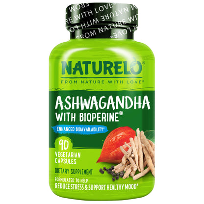 NATURELO Ashwagandha Organic Root Powder - Natural Herbs Supplement for Fatigue, Stress Relief, Mood Enhancer - with Black Pepper Extract - 90 Vegan Capsules