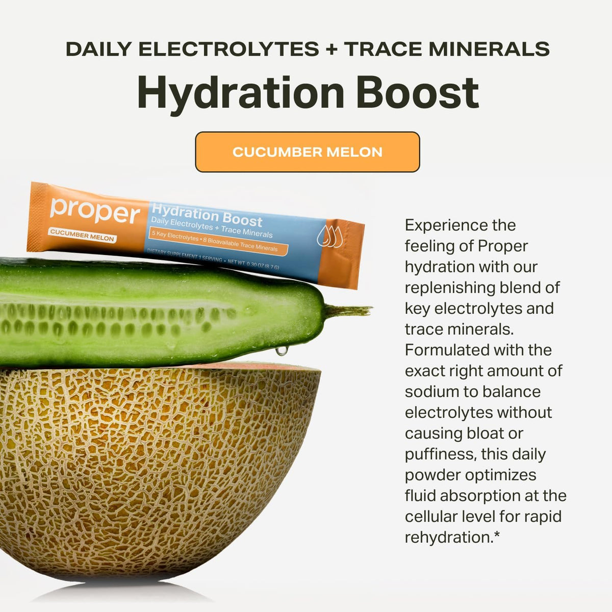 Proper Hydration Sticks – Electrolyte Powder Drink Mix Packets with Trace Minerals for Rapid Hydration + No Artificial Sweeteners – Cucumber Melon