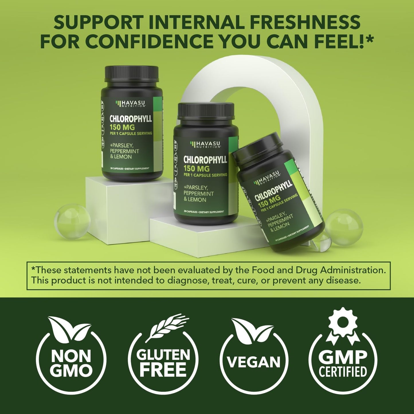 Chlorophyll Pills for Internal Cleanse & Balance, 30 Count, Internal Detox | Skin Health and Body Deodorizing Supplement with Parsley Peppermint & Lemon Extract, Vegan Non-GMO Chlorophyll Capsules
