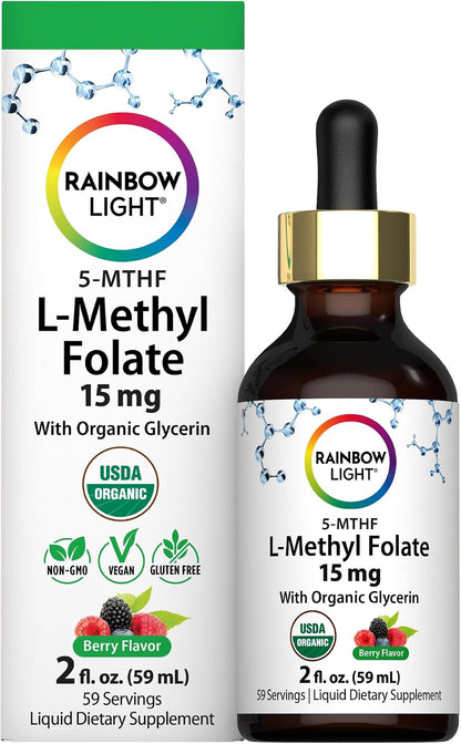 Rainbow Light L Methyl Folate 15 mg | 2 fl oz | with Organic Glycerin | Berry Flavor | USDA Organic | Liquid Supplement