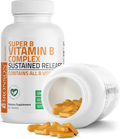 Bronson Super B Vitamin B Complex Sustained Release for Energy, 60 Tablets | B1, B2, B3, B6, Folic Acid, B12, Biotin & Pantothenic Acid, One-Tablet Formula, Non-GMO, Gluten-Free & Soy-Free