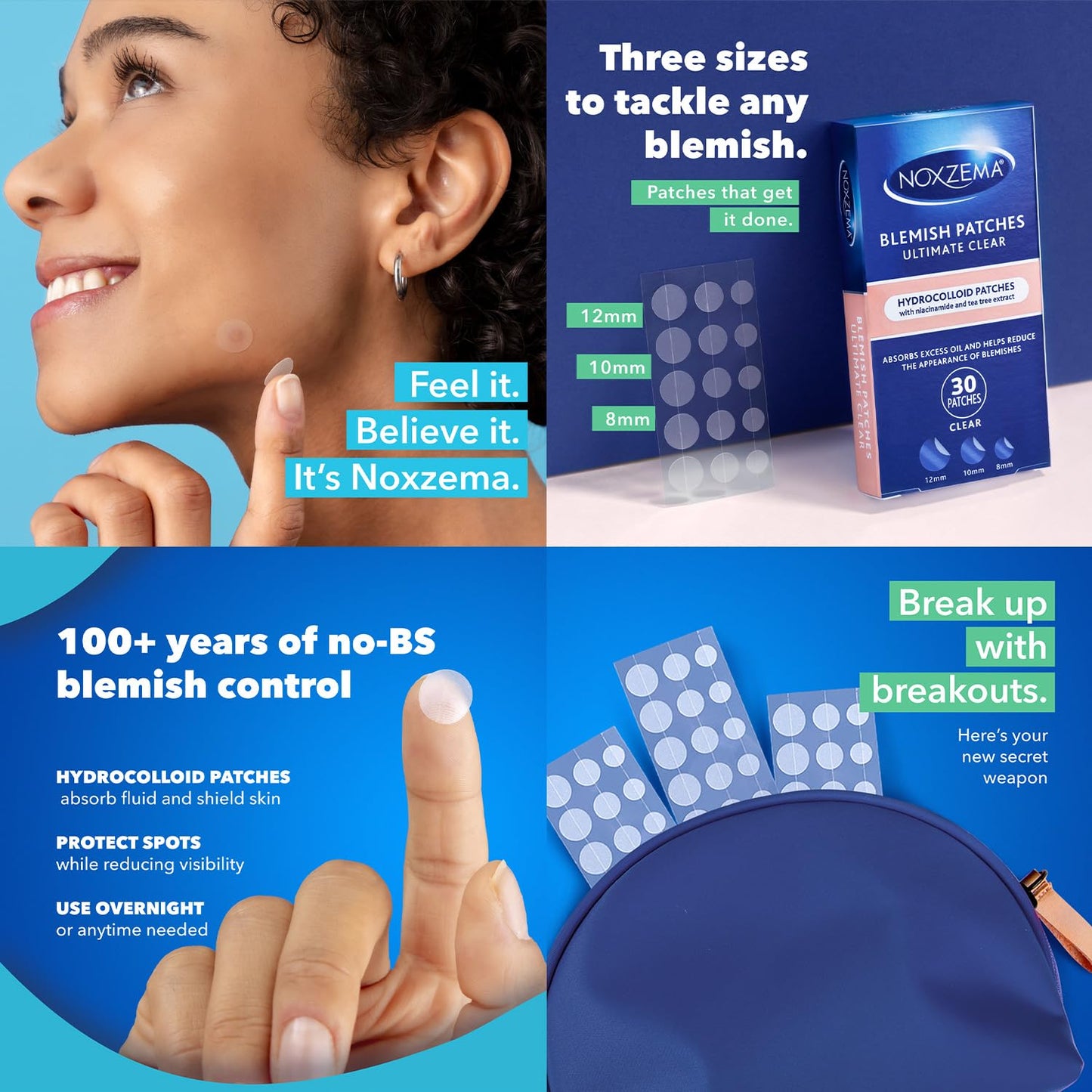 Noxzema Acne Treatment Bundle – Ultimate Clear Blemish Patches with Niacinamide and Tea Tree + Anti-Blemish Pads with 2% Salicylic Acid