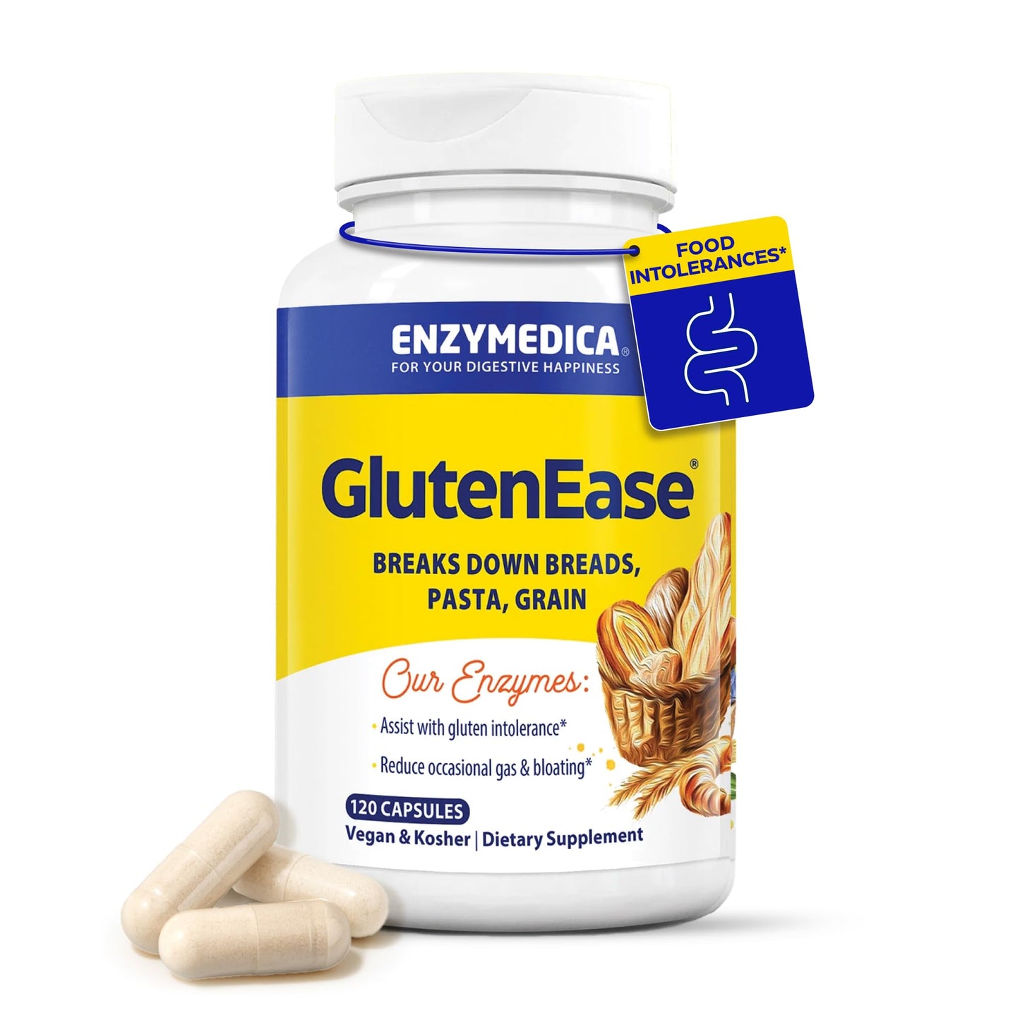 Enzymedica GlutenEase - Digestive Enzyme Supplement for Women & Men, Gluten & Casein Sensitivity Support, Enzymes for Digestion & Gut Health, Helps Gas & Bloating - 60 Caps