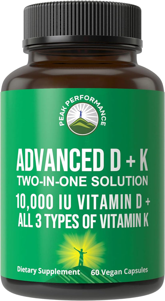 Peak Performance Advanced Vitamin D 10000 IU with All 3 Types of Vitamin K - 10,000 Vitamin D3 and Vitamin K2, K1, MK-7 (MK7), MK4 Supplement - 60 Small and Easy to Swallow Capsules
