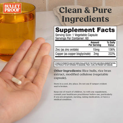 Bulletproof Zinc with Copper Capsules, 60 Count, Minerals and Antioxidant Supplement for Immunity and Mood