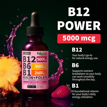 NUSAVA (2 Pack) Vitamin B12 Liquid Drops with B6, B1, Niacin & Folate — B12 Sublingual Vitamin B Complex, Methylcobalamin 5000 mcg, for Energy, Brain & Heart Support, Raspberry Flavor, 80 Servings
