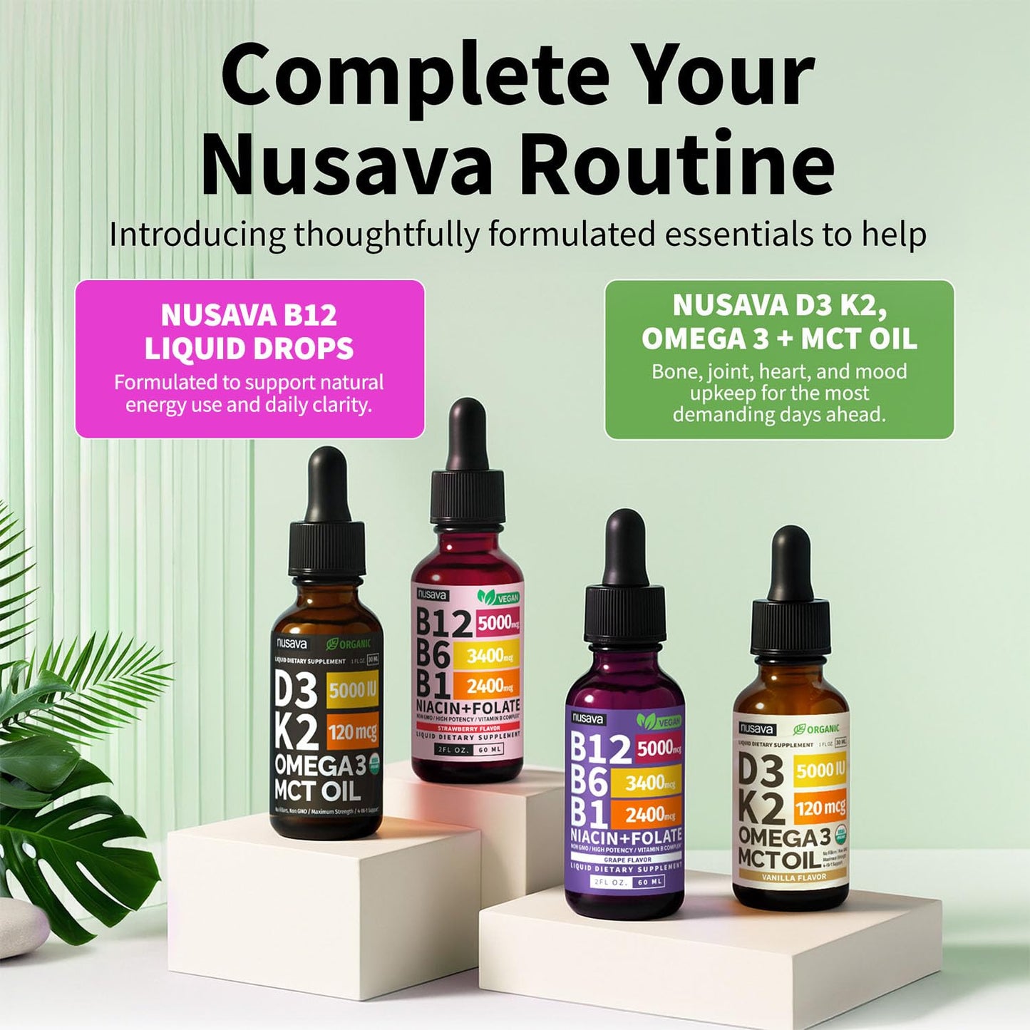 NUSAVA (2 Pack) Vitamin B12 Liquid Drops with B6, B1, Niacin & Folate — B12 Sublingual Vitamin B Complex, Methylcobalamin 5000 mcg, for Energy, Brain & Heart Support, Raspberry Flavor, 80 Servings