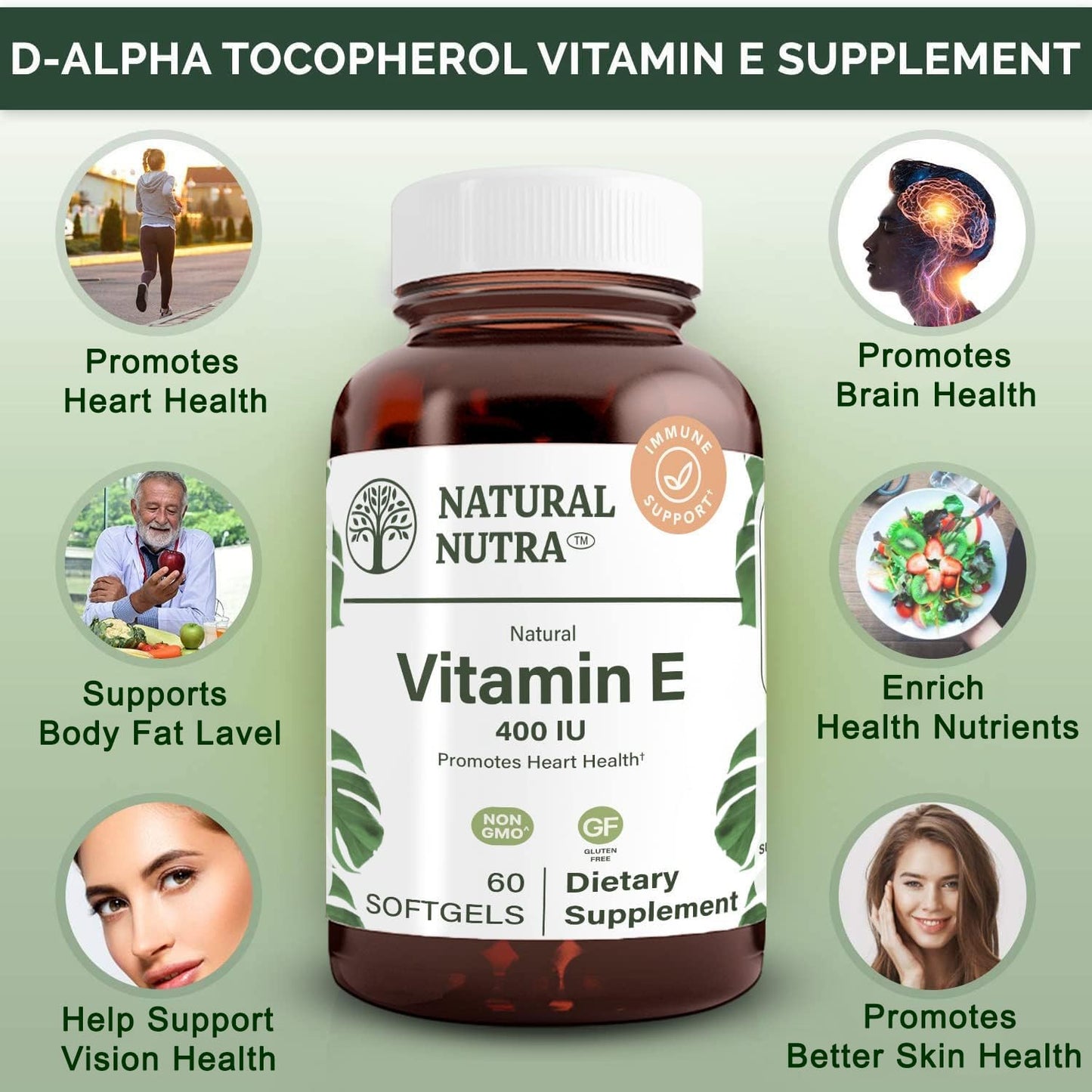 Natural Nutra Vitamin E 200 IU Supplement, 60 Softgels | Helps Heart Health & Protects Skin Texture, Enriches Health Nutrients, Enhances Hair & Nails Growth, Supports Body Fat Level