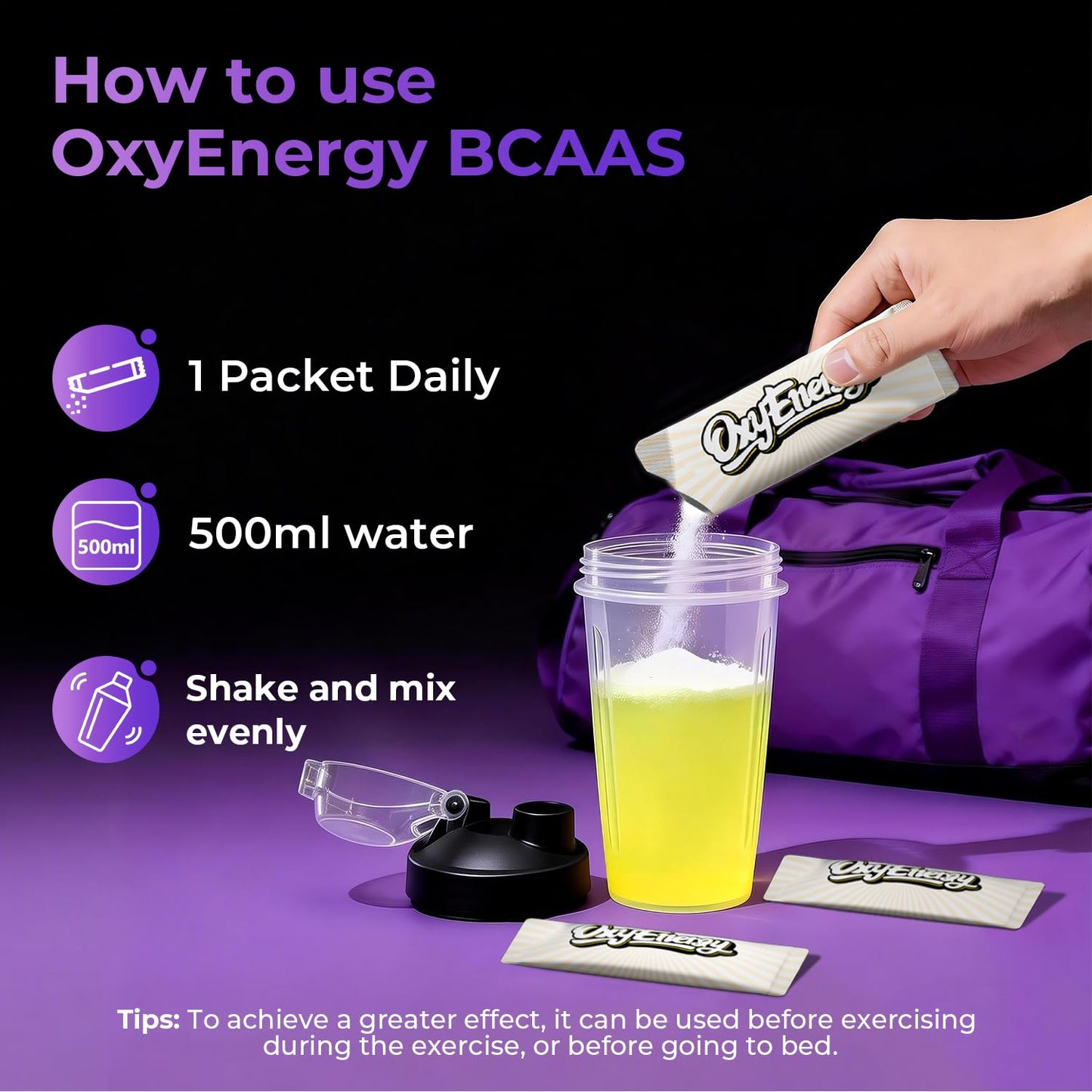 OxyEnergy BCAA 2:1:1 Powder, 7g BCAAs and 2g L-Glutamine, Taurine for Muscle Recovery, Increased Endurance, Perfect Amino Aicds for Pre & Post Workout Recovery, Sugar Free, Lemon, 30 Stick Pack