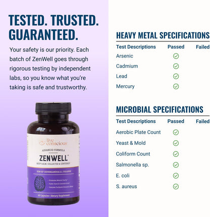 Live Conscious KSM-66 Ashwagandha Supplement w/L Theanine & AlphaWave - ZenWell Everyday Stress Relief, Cognitive, Brain Health - Ashwagandha for Men & Women - 60 Capsules