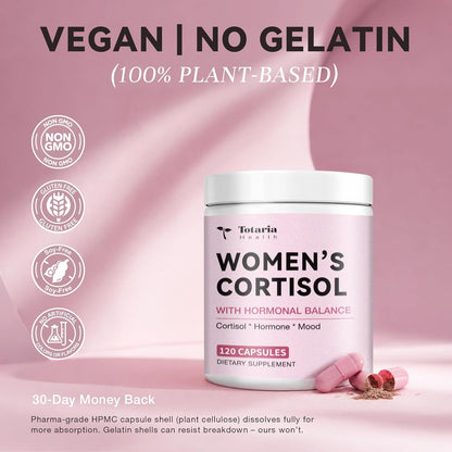 Totaria Women's Cortisol with Hormonal Balance | Stress Relief - Ashwagandha, L-Theanine, Magnesium, Myo-Inositol, Mood, Focus & Sleep Support, PMS* 120 Ct.