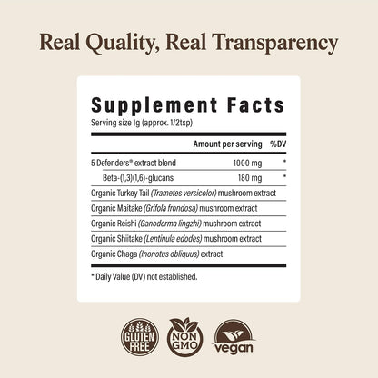 Real Mushrooms 5 Defenders Mushroom Complex Powder – Organic Mushrooms Extract from Chaga, Reishi, Turkey Tail, Maitake & Shiitake Mushroom Blend for Wellness Support with Beta Glucans - 100 Servings