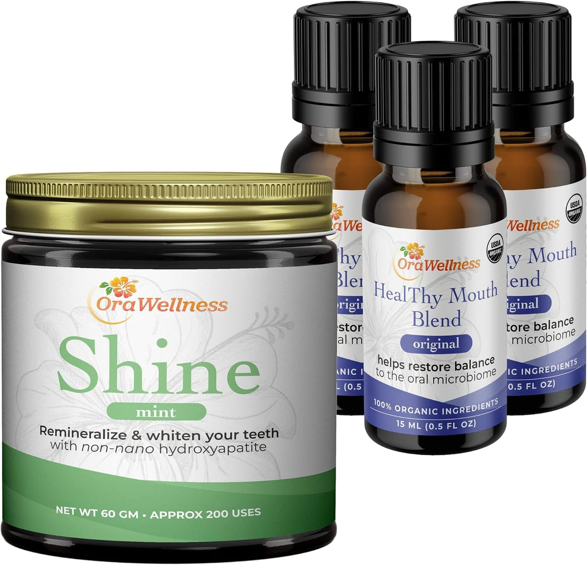 OraWellness Shine Remineralizing Natural Teeth Whitening Powder in Mint + Healthy Mouth Blend Organic Toothpaste & Mouthwash Alternative Tooth Oil, Pack of 3