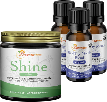 OraWellness Shine Remineralizing Natural Teeth Whitening Powder in Mint + Healthy Mouth Blend Organic Toothpaste & Mouthwash Alternative Tooth Oil, Pack of 3