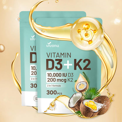 VivoNu Vitamin D3 K2 10000 IU with MK7-300 Virgin Coconut Oil Softgels, 2 in 1 Vitamins D & K Complex | Vitamina D3 con K2 (300 Softgels /1 Bag)