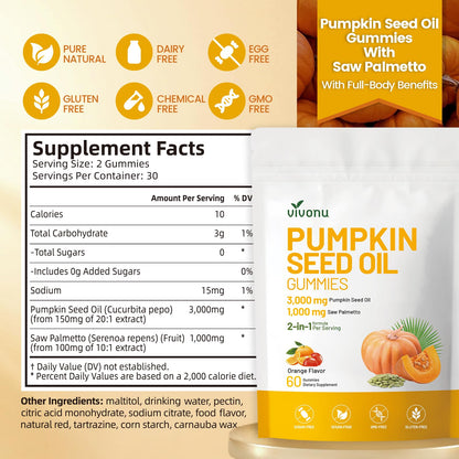Organic Pumpkin Seed Oil Gummies,Cold Pressed Pumpkin Seed Oil with Saw Palmetto Gummies,for Prostate Health,BPH Support,Hair & Bladder Control - Non-GMO,Sugar-Free