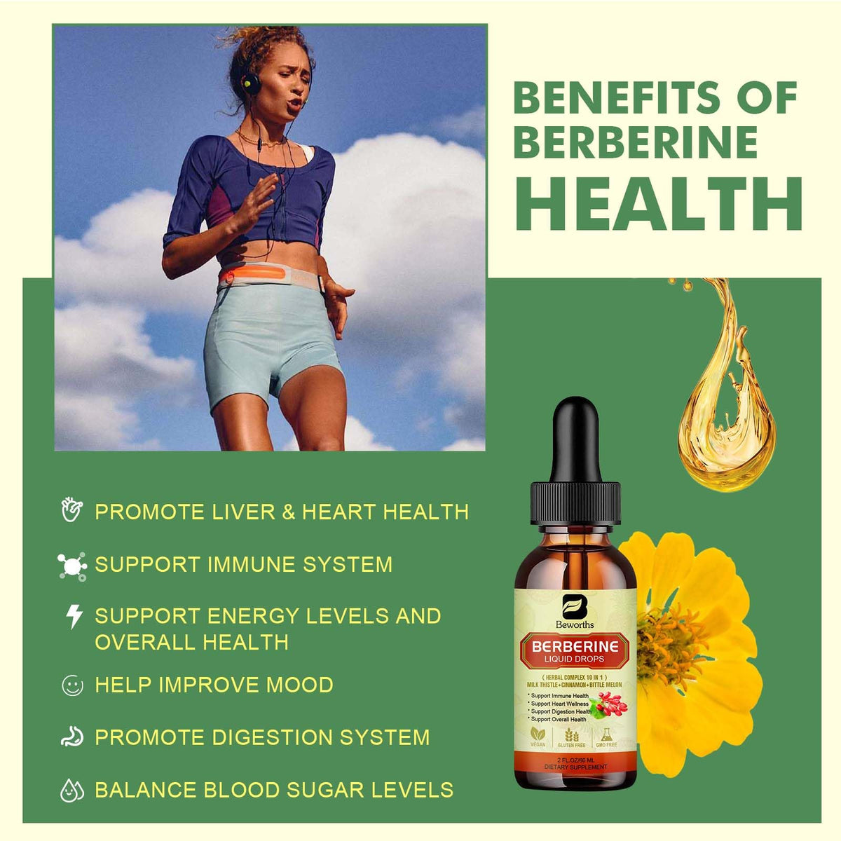 Premium Berberine Supplement - Berberine Liquid Drops with Turmeric, Bitter Melon