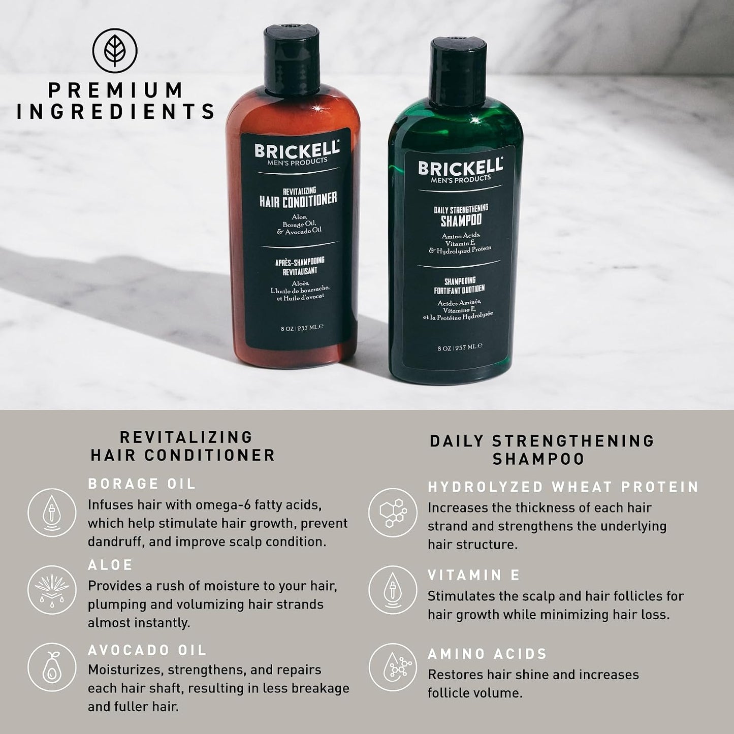 Brickell Men's Daily Revitalizing Hair Care Routine, Shampoo and Conditioner Set For Men, With Pro-Vitamin B5, Aloe, and Tea Tree Oil, Strength and Volume Enhancing Conditioner, Gift Set