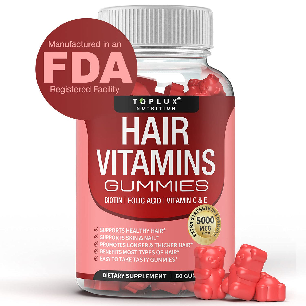 Hair Vitamins Gummies Supplement – Faster Hair Growth Gummy 5000mcg Biotin, Folic Acid