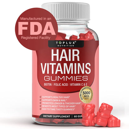 Hair Vitamins Gummies Supplement – Faster Hair Growth Gummy 5000mcg Biotin, Folic Acid