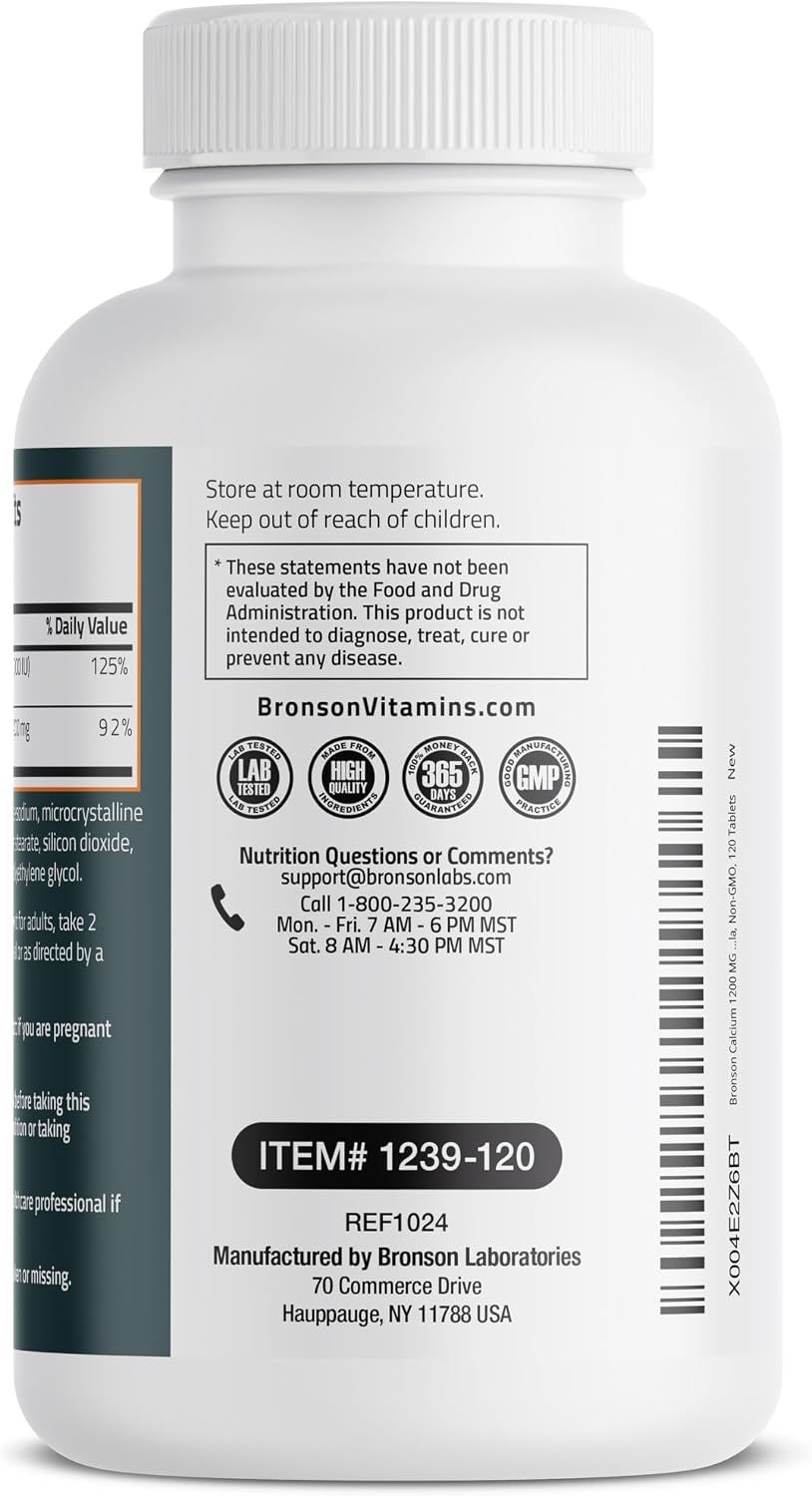 Bronson Calcium 1200 mg + Vitamin D3 1000 IU for Bone Health, 120 Tablets | High Potency Formula, Non-GMO, Gluten-Free & Soy-Free