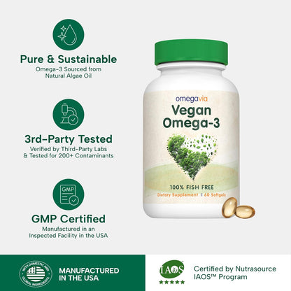 OmegaVia Vegan Omega 3 Supplement, Algae Omega 3 Fish Oil Alternative, 300mg Vegan DHA Fatty Acids, Plant Based, Planet and Ocean Friendly, IAOS 5 Star Tested, 60 Softgels