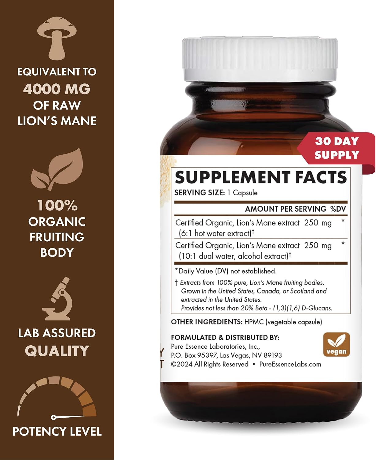 PURE ESSENCE LABS MyPure Lion's Mane 8X - Max Strength Brain Support with 100% Fruiting Body Organic Lion's Mane for Ultimate Cognitive Performance, Focus, and Mental Clarity, 30 Capsules