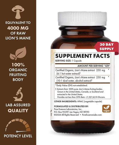 PURE ESSENCE LABS MyPure Lion's Mane 8X - Max Strength Brain Support with 100% Fruiting Body Organic Lion's Mane for Ultimate Cognitive Performance, Focus, and Mental Clarity, 30 Capsules