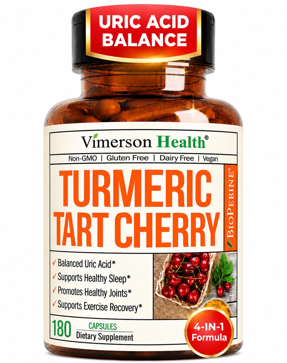 Tart Cherry Capsules with Turmeric 600mg for Uric Acid & Joint Health 60 Ct