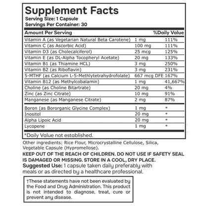 envitamin Methylated Multivitamin Multimineral Complex with L Methylfolate, Methylated B12, 5-MTHF, Inositol, and Lycopene