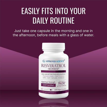 Approved Science® Resveratrol - 1000 mg of Trans Resveratrol - 250 mg of Polyphenol - 98% Purity Level - Includes Bioperine® - 60 Vegan Friendly Capsules - 1 Bottle