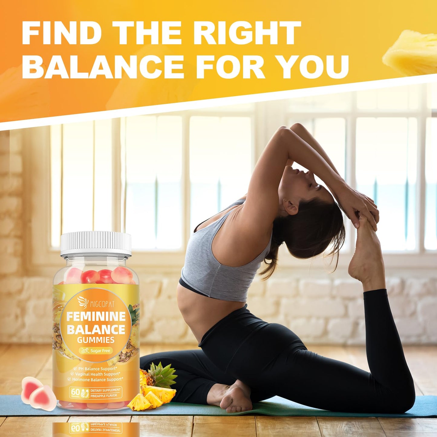 Migcopat Premium Feminine Balance Gummies, Women’s Health Probiotics - 100 Billion CFU Probiotics - Immune Support, Gut Health, Hormone Balance, PH Balance Vitality, Pineapple Flavor, 60 Count