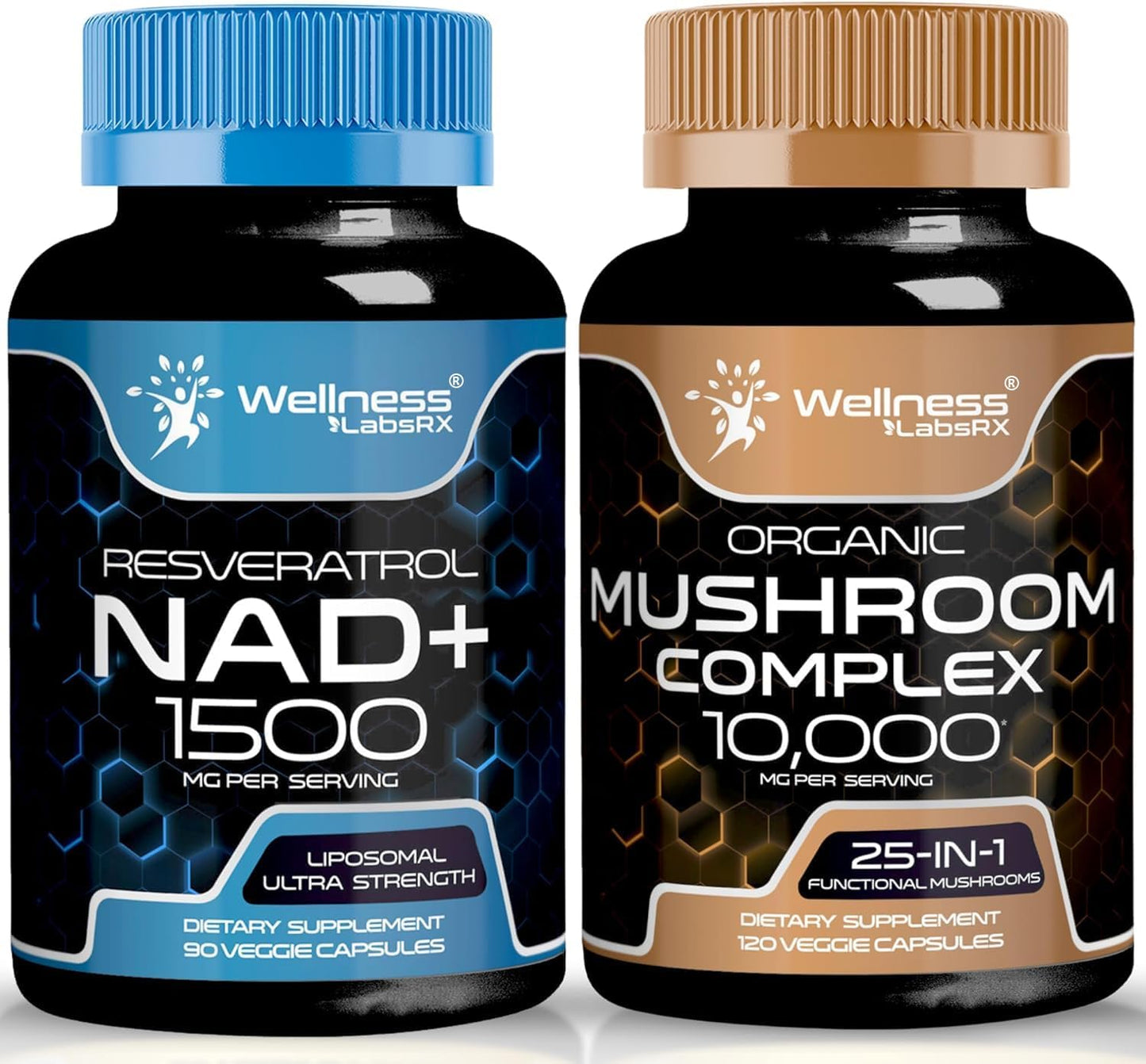 WELLNESS LABSRX NAD Supplement, 1500mg - Liposomal NAD+ Supplement with Resveratrol | Organic Mushroom Supplement Capsules - 1000mg - 25 in 1 Mushroom Complex Capsules | Bundle